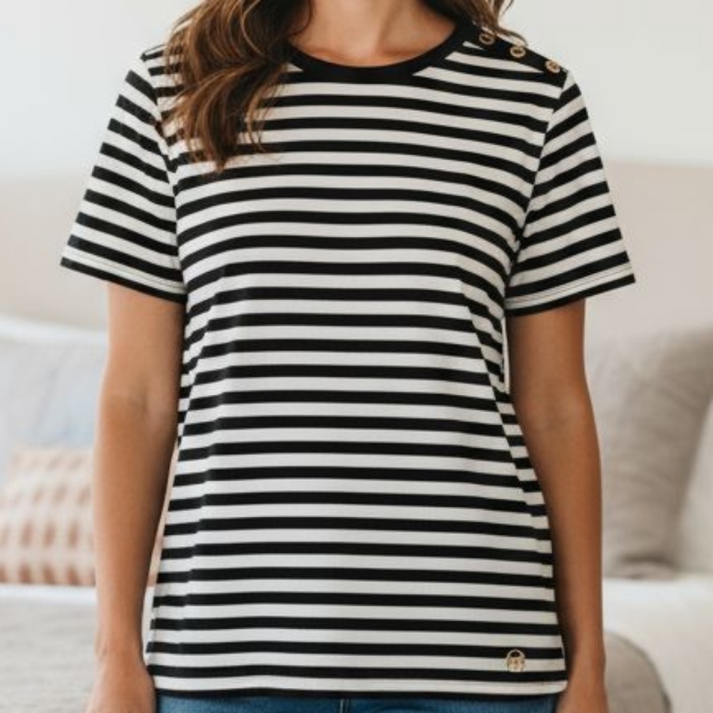 Michael Kors - Black & White Stripped Blouse, 3 Working Buttons On Left...